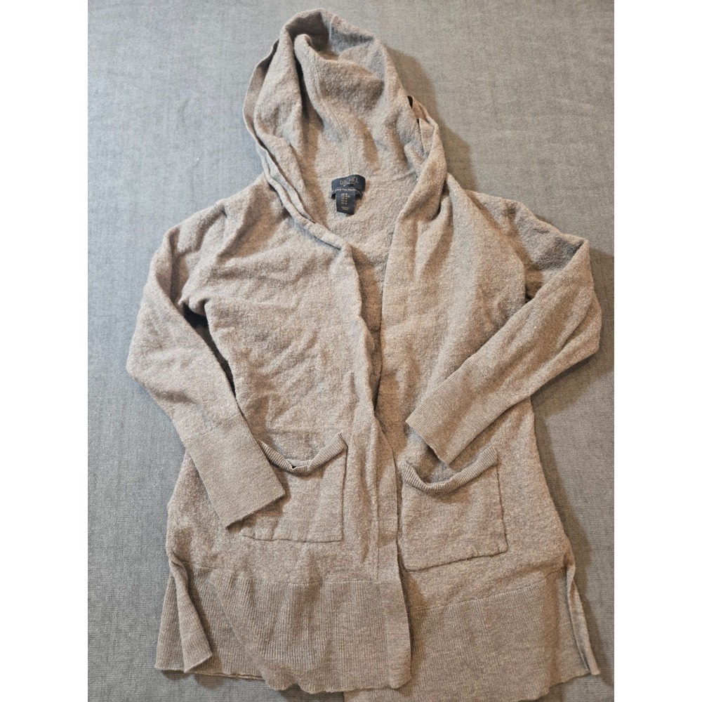 Rachel Roy Cardigan Sweater M Brown Hooded Pockets Open Front 100% Merino Wool